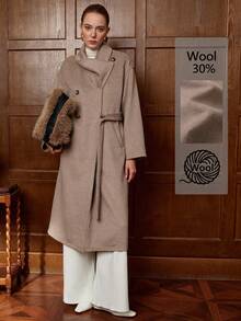 SHEIN Stylify Palton lung din lână pentru femei, cu guler detașabil, cu legături în talie, cu buzunar drept, potrivit pentru ținute în aer liber, toamnă/iarnă - Kaki - Vizualizare 1