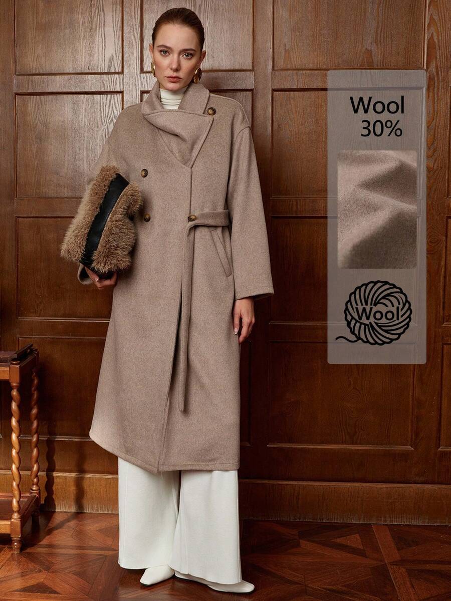 SHEIN Stylify Palton lung din lână pentru femei, cu guler detașabil, cu legături în talie, cu buzunar drept, potrivit pentru ținute în aer liber, toamnă/iarnă - Kaki - Vizualizare 1