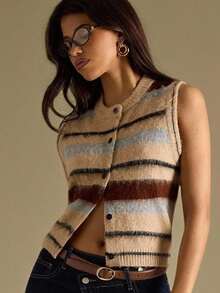 SHEIN BAE Women's Casual Striped Single-Breasted Knitted Vest,Fall Clothes For Women,Halloween,Winter Clothes For Women,Going Out Tops For Women,Back To School,Work Outfits For Women,Apricot Striped Vest Cardigan,Halloween,Halloween Clothes Women,Winter Clothes Women,Fall Sweaters,Fall Clothes For Women,Fall Fashion,Cropped Sweater,Cute Sweater,