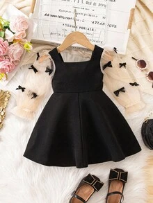 2pcs Mommy And Me Matching Outfits, Cute & Elegant Color Block Bowknot Long Sleeve Dress For Baby Girl (Sold Separately) Elegant Black Dress For Toddler Black Elegant Dress For Toddler Baby Black Elegant Dress Baby Elegant Dress Party Black Mom Daughter Matching Dress