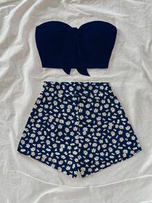 Soleia 2pcs Set Women Casual Minimalist Navy Blue Floral Pattern Outfit, Suitable For Summer Daisy Print Two Pieces Set Vacation Outfits Woman 2 Pieces - Navy Blue - View 5