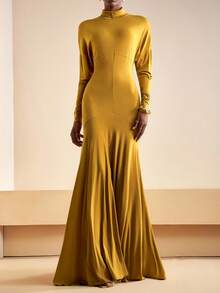 Zivah 2025 秋季新款音乐节西部游牧风格生日派对毕业典礼大学生日常休闲度假巡航海滩日光浴病毒式街头风格万圣节服装婚礼宾客波西米亚风通勤早午餐商务休闲机场派对节日优雅长袖立领合身 A 字形开叉下摆性感 - 芥末黃 - 查看 4