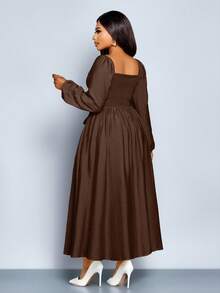 SOLERSUN 女式加大码秋冬法式纯色方领长袖前褶皱荷叶边下摆 A 字形休闲优雅连衣裙，春夏新款女装秋季女士连衣裙，吊带，姜黄色梭织面料，约会购物通勤连衣裙 - 咖啡棕 - 查看 3