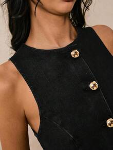 Poéselle Women's Summer Fashion Front Button Sleeveless Denim Dress Black Denim Dress Black Mini Dress Button Dress Vest Dress Casual Black Dress - Black - View 3