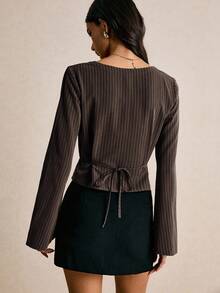 Poéselle 女士时尚通勤条纹喇叭袖衬衫 - 咖啡棕 - 查看 5