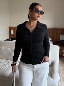 Dripcurv 修身翻領大碼女士t卹,褶皺設計 - 黑色 - 查看 3