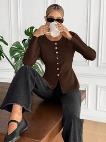 Serisse Áo khoác cardigan tay dài cổ tròn cài nút phía trước cho nữ, Thu/Đông - Cà phê nâu - Xem 3