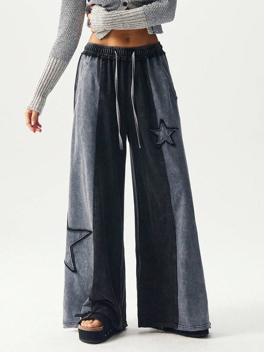 Bohemela Autumn/Winter Halloween Christmas Music Festival Black Casual Patchwork Loose Fit Washed Knit Wide Leg Sweatpants For Women - Black - View 1