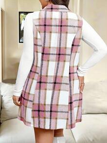 Vionelle Bộ vest kẻ caro không tay và váy vest cỡ lớn cho nữ - Hồng - Xem 2