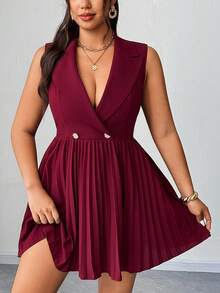 SHEIN Elenzya Plus Size Women's Elegant Refined Casual Business Blazer Collar Cinched Waist Sleeveless Pleated Mini Dress, Spring/Autumn - Burgundy - View 6