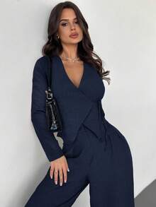 Firerie Elegantes, minimalistisches Damen-Wickelkragen-Ärmellos-Weste + Hochtaillierte, plissierte Weite Bein Hose Anzug, Büro-Pendler-Outfit, Damen Lange Hose Langarm Anzug, Navy Blau Hosenanzug, Frühling Herbst Winter Bekleidung, Elegant, Pendler, Arbeitsoutfit, Damen Lehrerin Uniform