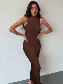 Aloruh Minimalist Commuter Young Street-Style Grey High Collar Turtleneck Sleeveless Bodycon H-Line Extra Long Sweater Dress For Women Autumn Winter Clothes For Women - Brown - View 5