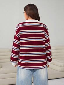 大码宽松条纹长袖休闲运动衫，返校运动服，秋冬 - 彩色 - 查看 2