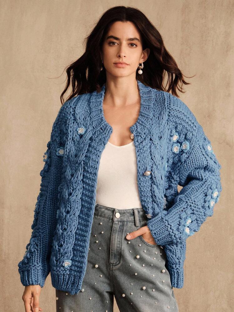 Novo Cardigã de Tricô e Crochê Texturizado de Outono/Inverno para Mulheres