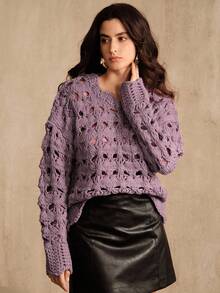 Anewsta 女式美拉德镂空冰岛纱线圆领波浪下摆设计毛衣上衣，适合感恩节、圣诞节、新年、秋冬季、派对、优雅、奢华、正式、时尚、万圣节等场合。 - 淡紫色 - 查看 6
