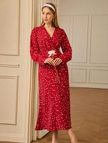 Chiquease Textured Fabric Wrap V-Neck Cinched Waist Waist Decor Long Sleeve Mermaid Dress For Women - Red - View 6