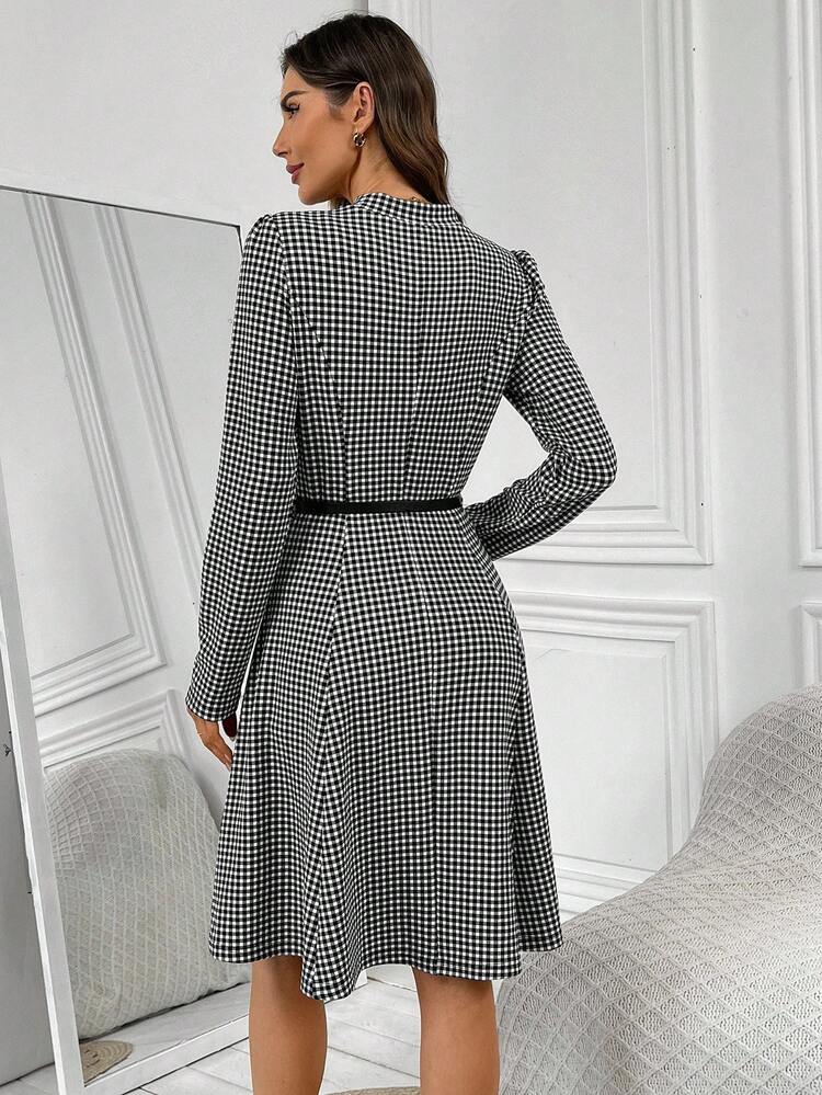 Women's Black And White Plaid Stand Collar Elegant Long Sleeve Midi Dress,Autumn Vintage Office Checkered Fall Dresses For Women Outfit