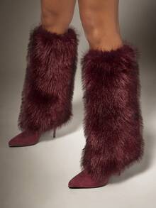 SHUZIA Sepatu Boot Stiletto Hak Tinggi Berbulu Imitasi Warna Burgundy untuk Wanita Seksi, Ujung Lancip, Setinggi Lutut, Cocok untuk Musim Gugur, Musim Dingin, dan Liburan Natal. - Burgundy - View 3