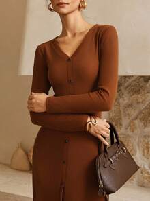 Lymera Women's Brown Elegant Front Button Long Sleeve High Split Dress, Mature Chic Style Autumn/Fall Winter Women New Year Christmas Going Out Party Commuting Occasion - Coffee Brown - View 7