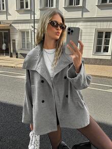 SHEIN EZwear 女士感恩节新款冬季复古风女士休闲长袖外套，灰色街头风 - 淺灰色 - 查看 8