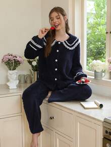 Snug Reverie Women's Peter-Pan Collar Faux Fur Patchwork Contrast Color Lace Ruffle Trim Long Sleeve Top & Pants Pajama Set, Fall/Winter Clothes, Christmas, Fluffy, Cozy - Navy Blue - View 2