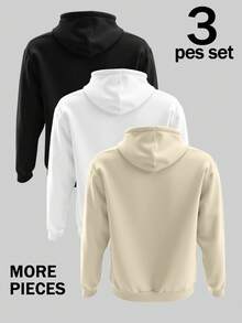 Manfinity Homme Men 3-Pack Classic Black, White, Gray Hoodies, Casual Style Suitable For Daily Commute, Fall Winter Clothes - White - View 2