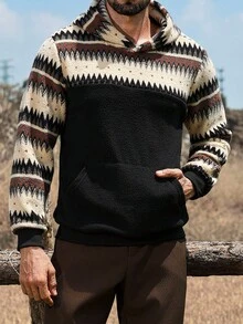 Manfinity Nomadique Men's Casual Retro Geometric Pattern Pocket Hoodie, Autumn/Winter Western Hoodies Western Mens Clothing Cowboy Hoodies For Men Daily Leisure, Weekend Trips, Outdoor Activities, Travel Expeditions, Relaxed Work Environments Or Semi-Formal Occasions,Boyfriend/Husband Gift, Anniversary Gift