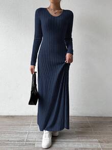 Almamuse Solid Color V-Neck Knit Fleece Long Sleeve A-Line Dress Maxi Women Outfit - Navy Blue - View 4