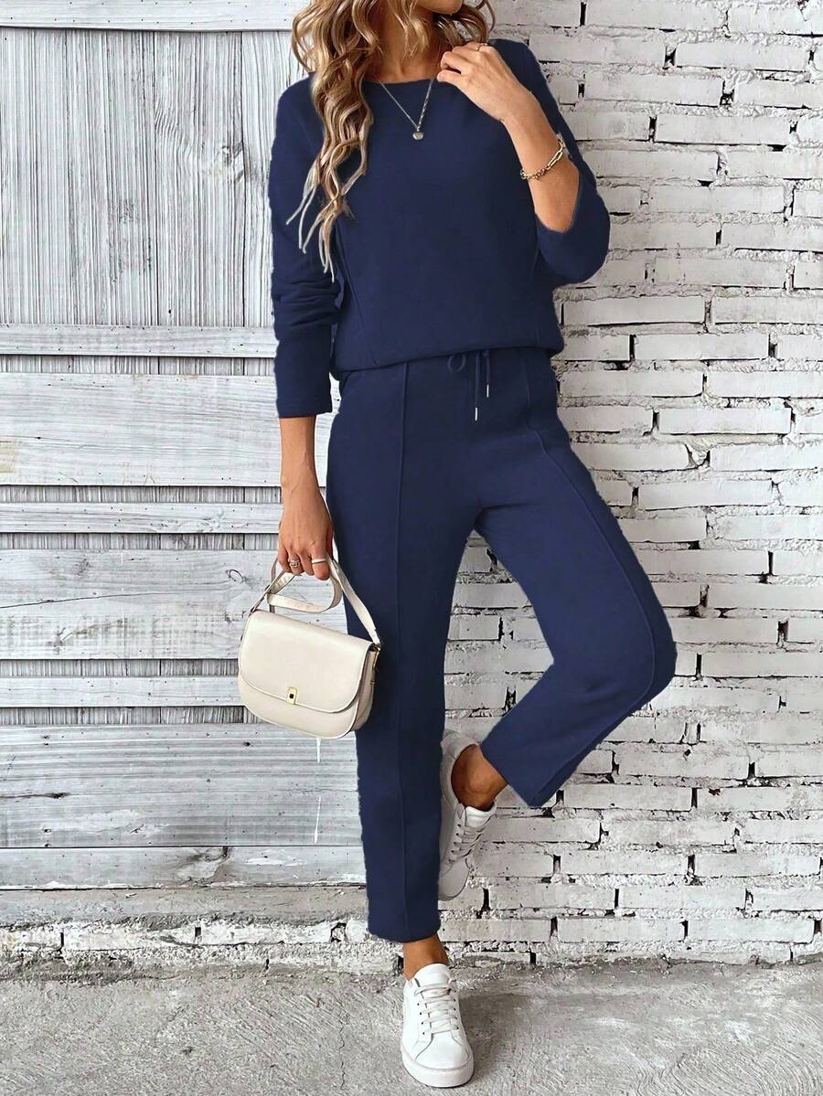 SHEIN PETITE 2pcs Women Long Sleeve Sweatshirt & Pants Set, Pullover Top & Elastic Waist Pants With Drawstring