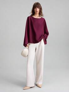 Ontre 2025 Autumn Satin Puff Sleeve Off Shoulder Long Sleeve Minimalist Urban Business Casual Women's Clothing, Office Wear, Outerwear, Suitable For Christmas, Halloween, Party & Gathering,Red Top - Red Violet - View 4