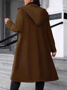 Easura 大码女式纯色长袖双排扣休闲连帽大衣，秋冬 - 咖啡棕 - 查看 2