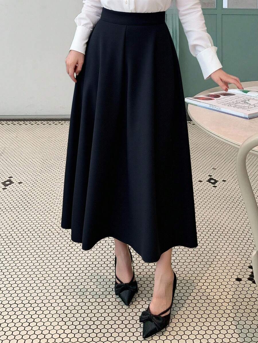 DAZY Chân váy midi xếp ly cạp cao màu trơn thanh lịch dành cho nữ - màu đen - Xem 1