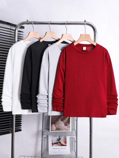 4 piezas Camiseta básica de manga larga de unicolor informal y cómoda para niño preadolescente, Otoño (9), Invierno (2), Negro, Blanco, Marrón