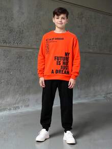 SHEIN 2pcs/Set Tween Boys Casual Letter Print Graphic Crew Neck Sweatshirt And Solid Color Fleece Lined Jogger Pants Set, Thickened