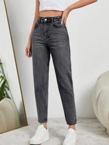 SHEIN Tall HIGH RISE MOM FIT LIGHT BLUE JEAN TALL - Light Grey - View 5