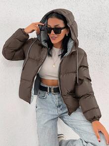 EURMUSE 女式口袋厚短款连帽冬季外套 - 灰色 - 查看 5