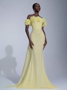Elitara 优雅奢华的露肩 3D 花卉美人鱼尾连衣裙，采用雪纺、弹力针织面料，适合婚礼、派对、度假、庆典、正式活动 - 淡黃色 - 查看 7