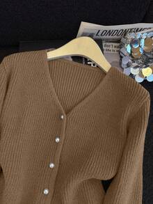 Qadelle Áo khoác cardigan dài tay thanh lịch cổ chữ V cài nút phía trước cho nữ - Màu Khaki - Xem 6