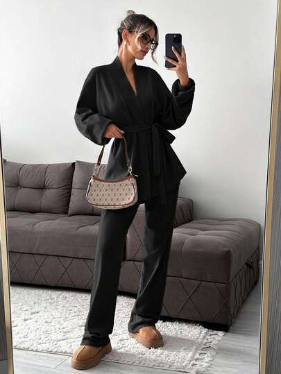 EURMUSE Tall Size Cotton Drop Shoulder Belted Cardigan & Pants