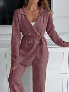 EURMUSE Handmade Stitch Embroidery Sweater And Pant Knit Set - Dusty Pink - View 3