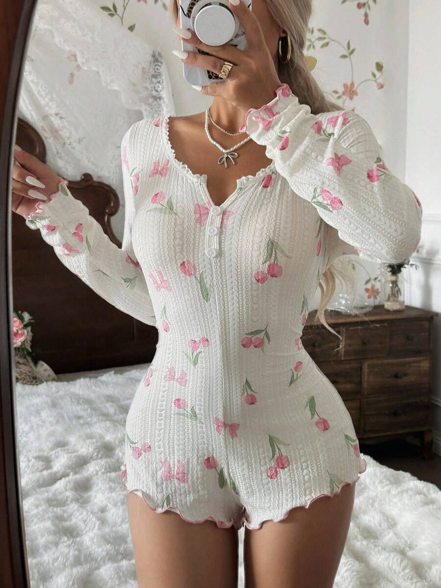 CottageSlumber 女士长袖郁金香图案提花针织连体睡衣，适合秋冬季穿着 - 白色 - 查看 1