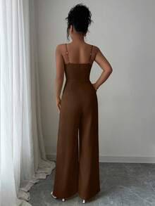 Selianne 女士纯色蕾丝抹胸设计收腰阔腿优雅连体裤，适合通勤和日常穿着 - 巧克力棕 - 查看 2