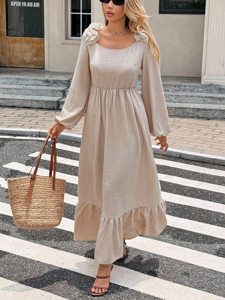 SHEIN Frenchy Vestido casual de unicolor sin espalda para vacaciones de mujer - Albaricoque - Ver 1