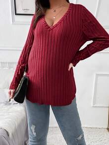 SHEIN 大码纯色 V 领长袖休闲 T 恤