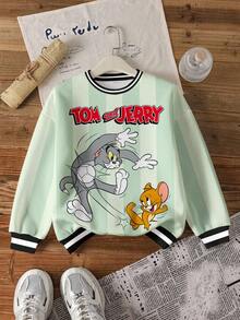 TOM & JERRY X SHEIN Tween Boy Casual Colorblock Cartoon Graphic Crew Neck Sweatshirt, Autumn - White - View 3