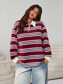 大码宽松条纹长袖休闲运动衫，返校运动服，秋冬 - 彩色 - 查看 9