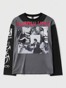 ROMWE MEN Casual Camiseta de manga larga con cuello redondo, estampado digital de letras y números con contraste de colores, para hombre, otoño - Negro - Ver 1