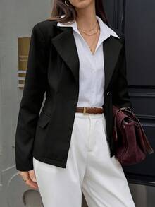 SHEIN Unity Elegante chaqueta tipo blazer minimalista para dama de oficina, adecuada para ir y venir, otoño/invierno - Negro - View 5