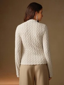 Anewsta Elegante blusa de gola alta com renda flocada para mulheres, top de alta qualidade para outono/inverno