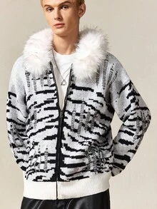 ROMWE MEN Street Life Men's Zebra Pattern Drop Shoulder Long Sleeve Distressed Fuzzy Hooded Cardigan, Autumn/Winter - Black and White - View 6
